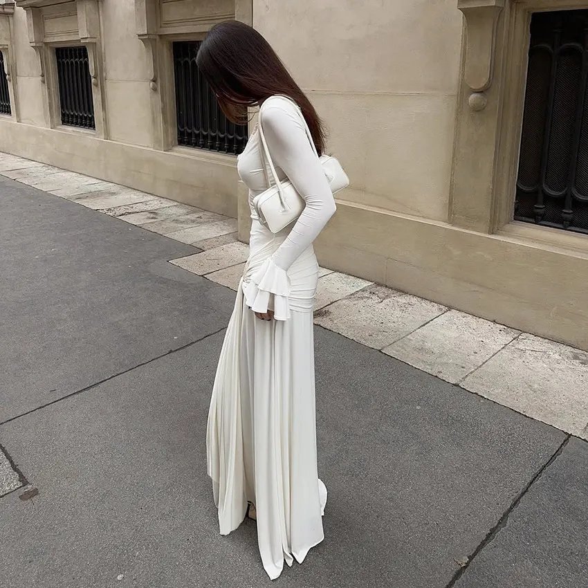 Solid Lace Trim V-Neck Flared Cuff Long Sleeve Wrap Tie High Waist Mermaid Maxi Dress
