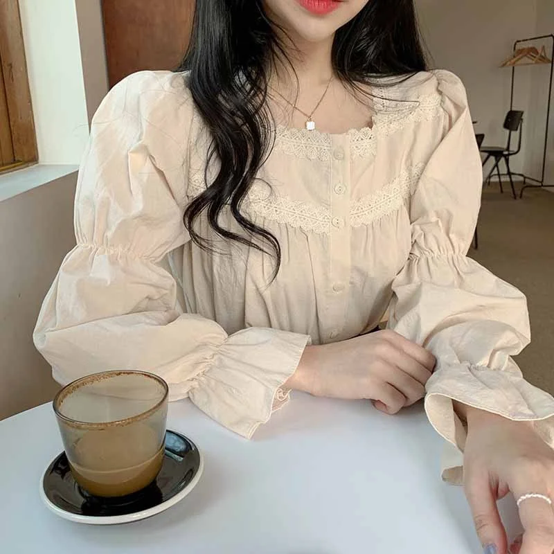 Beige Lace Blouse Vintage Square Collar Women Long Puff Sleeve Shirt Solid Cardigan Sweet Shirt Blusas Clothes Women Tops  11200