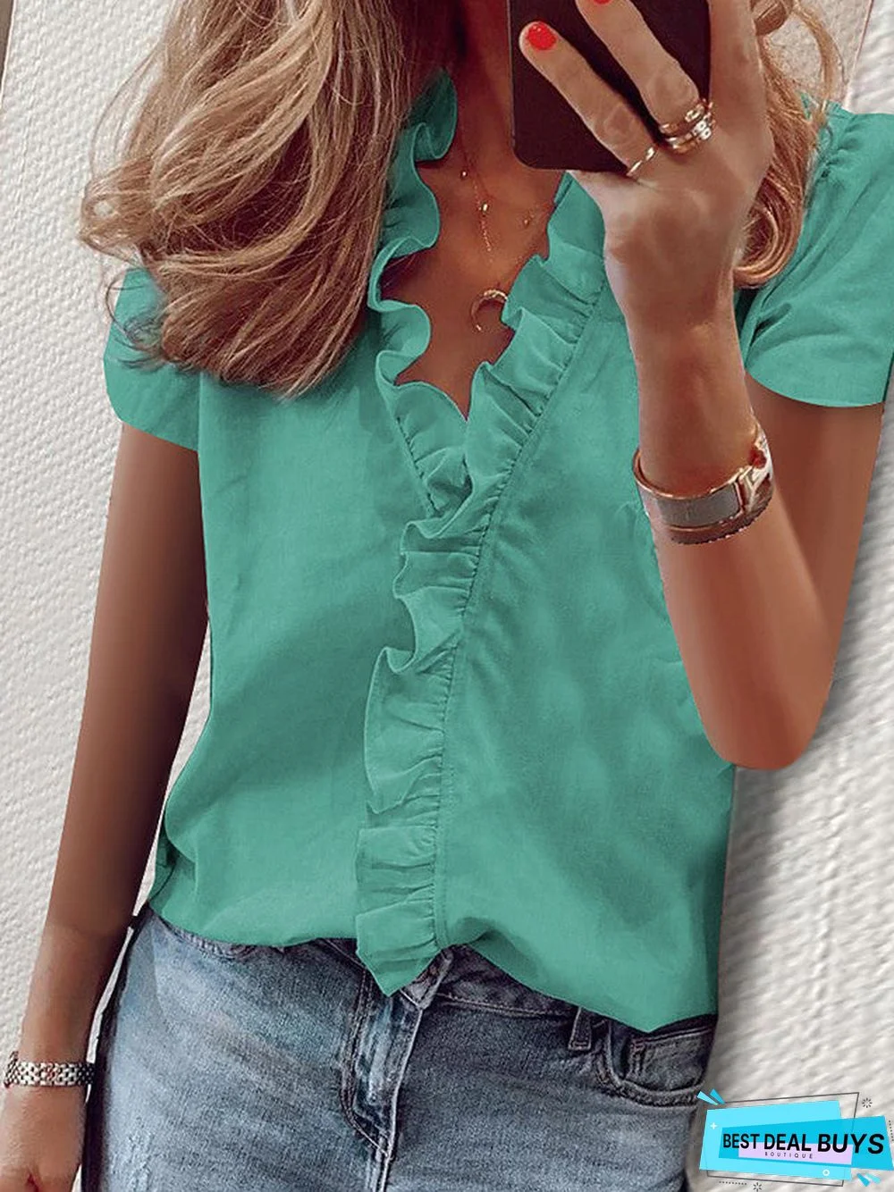 Women's Blouse Shirt Solid Colored Ruffle V Neck Tops Basic Top White Blue Green-0202810