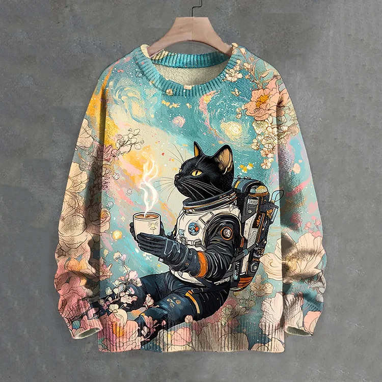 Men's Surreal Futuristic Sci-Fi Art Space Cat Print Knit Sweater