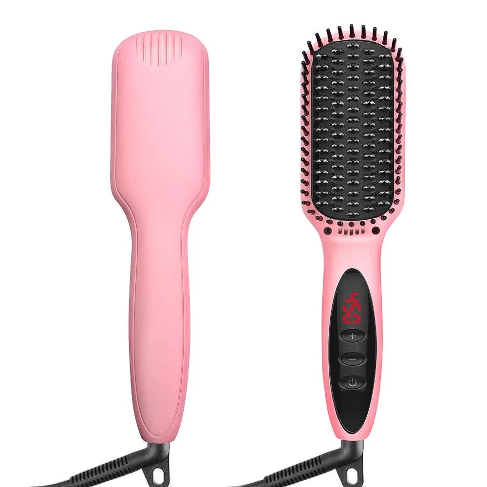 Ceramic Ionic Hair Straightener Brush Straightening Heated Brush Hot Comb with Auto Temperature Lock and Auto-Off Function (Pink)
