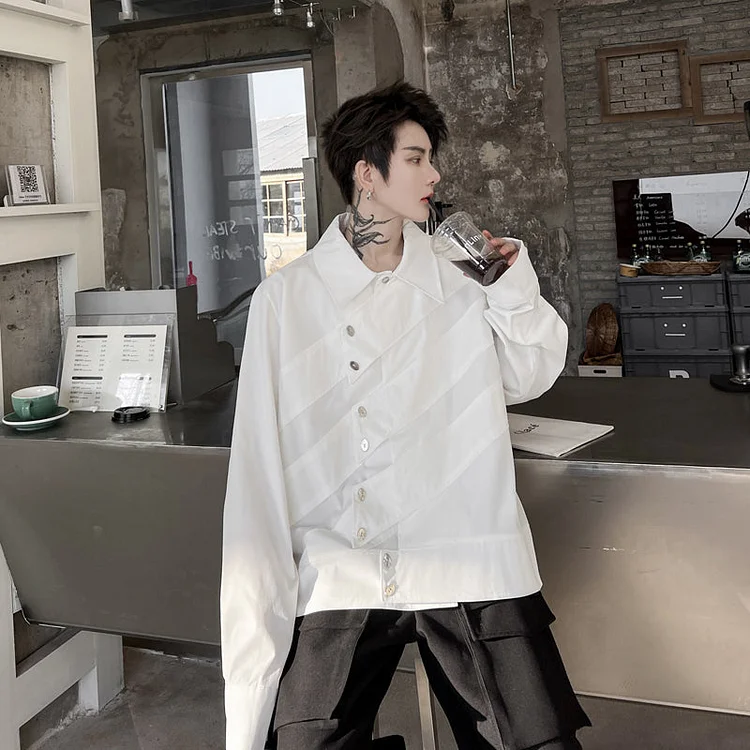 Dawfashion Techwear Streetwear-Spring Plain Color Chest Structure Design Loose Version of The Long-sleeved Shirts-Streetfashion-Darkwear-Techwear