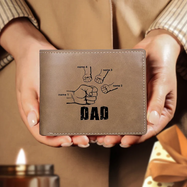 Personalised Leather Mens Wallet Engraved 4 Names Fist Bump Folding Wallet Father's Day Gifts