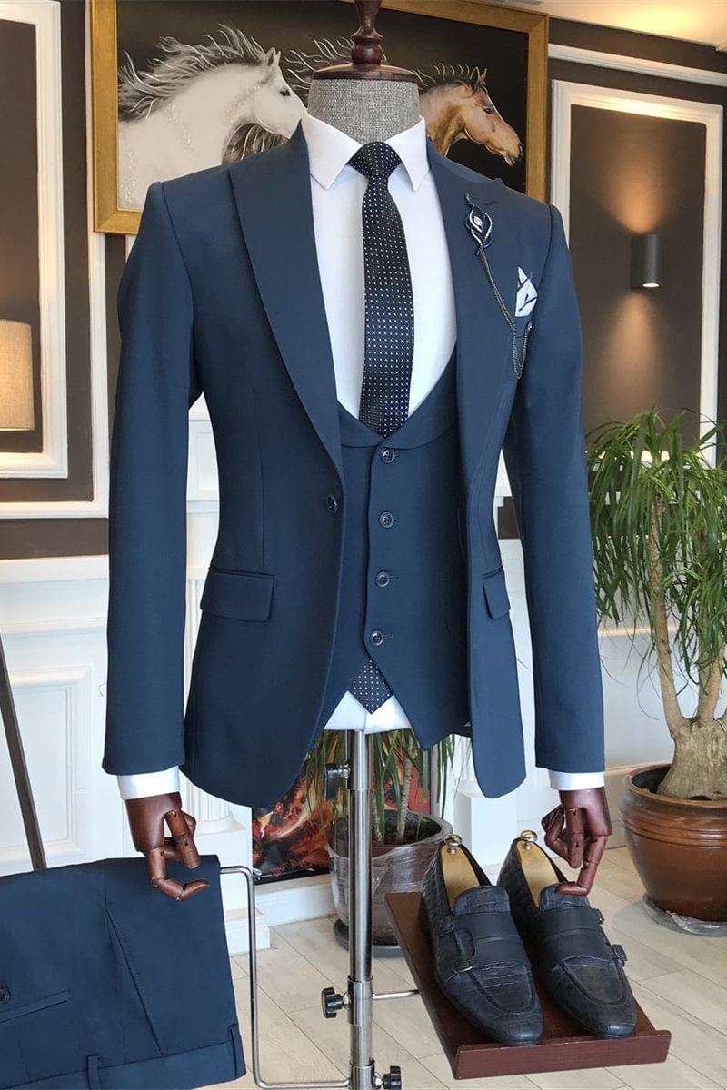Navy Peaked Lapel Latest Three Pieces Men Suits For Business | Ballbellas Ballbellas