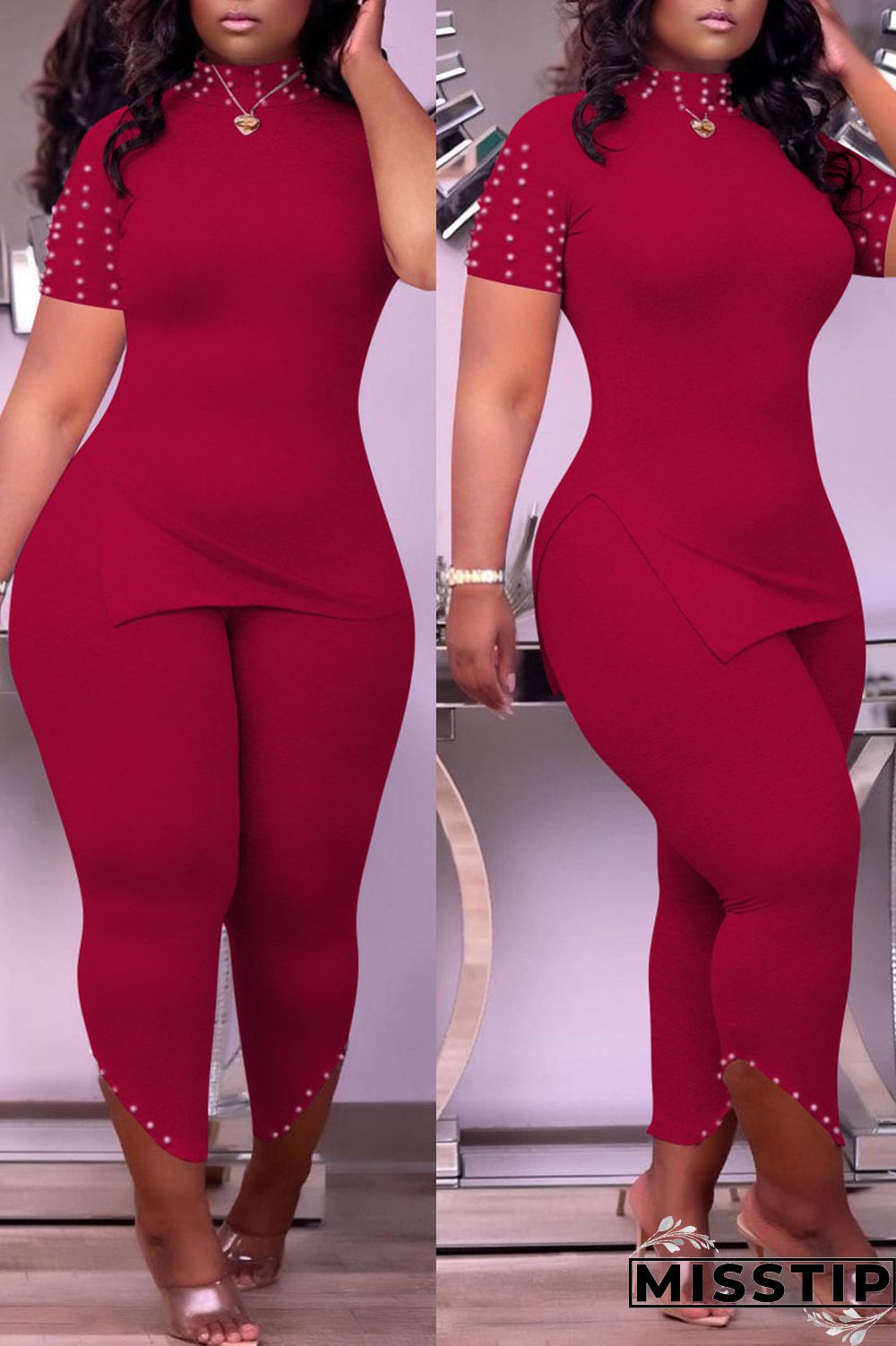 Burgundy Casual Solid Patchwork Slit Beading Half A Turtleneck Short Sleeve Two Pieces