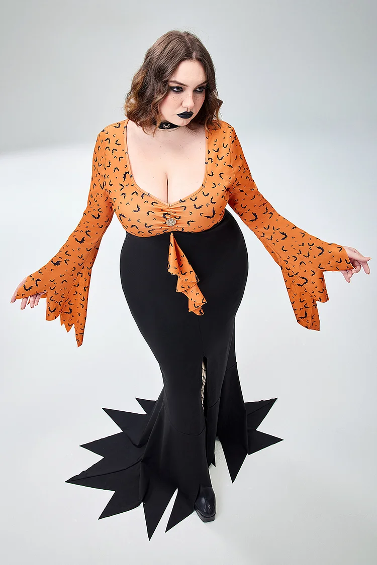 Xpluswear Design Plus Size Halloween Costume Orange Bat Print Evil Queen Knitted Maxi Dress（Ships 24h）
