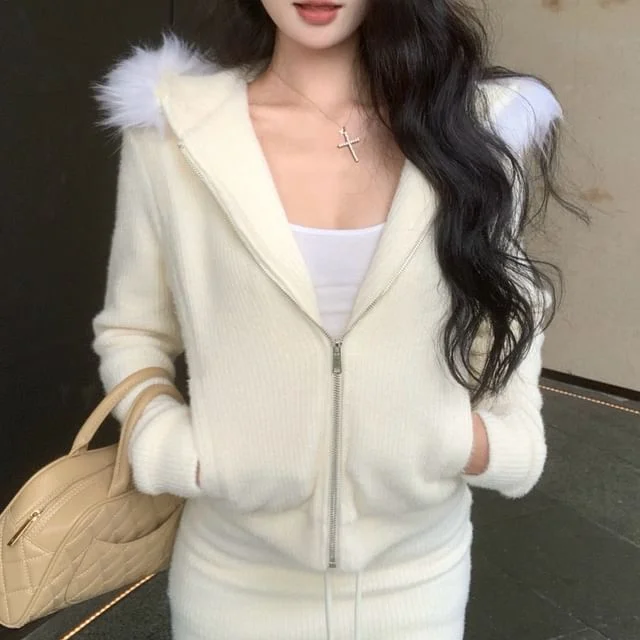 Mini / Zip-Up Hoodie Waist Fluffy Drawstring Trim Skirt Knit Pencil Plain