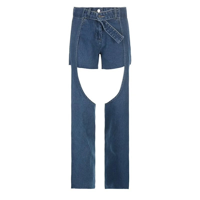 Churchf Fashion Hollow Out Women Baggy Jeans With Belt Patchwork Y2K Denim Straight Trousers Casual Sexy Blue Pants Female