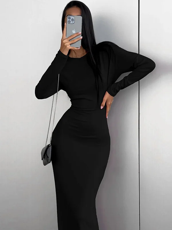 Bodycon Long Sleeves Solid Color Split-Side Round-Neck Maxi Dresses