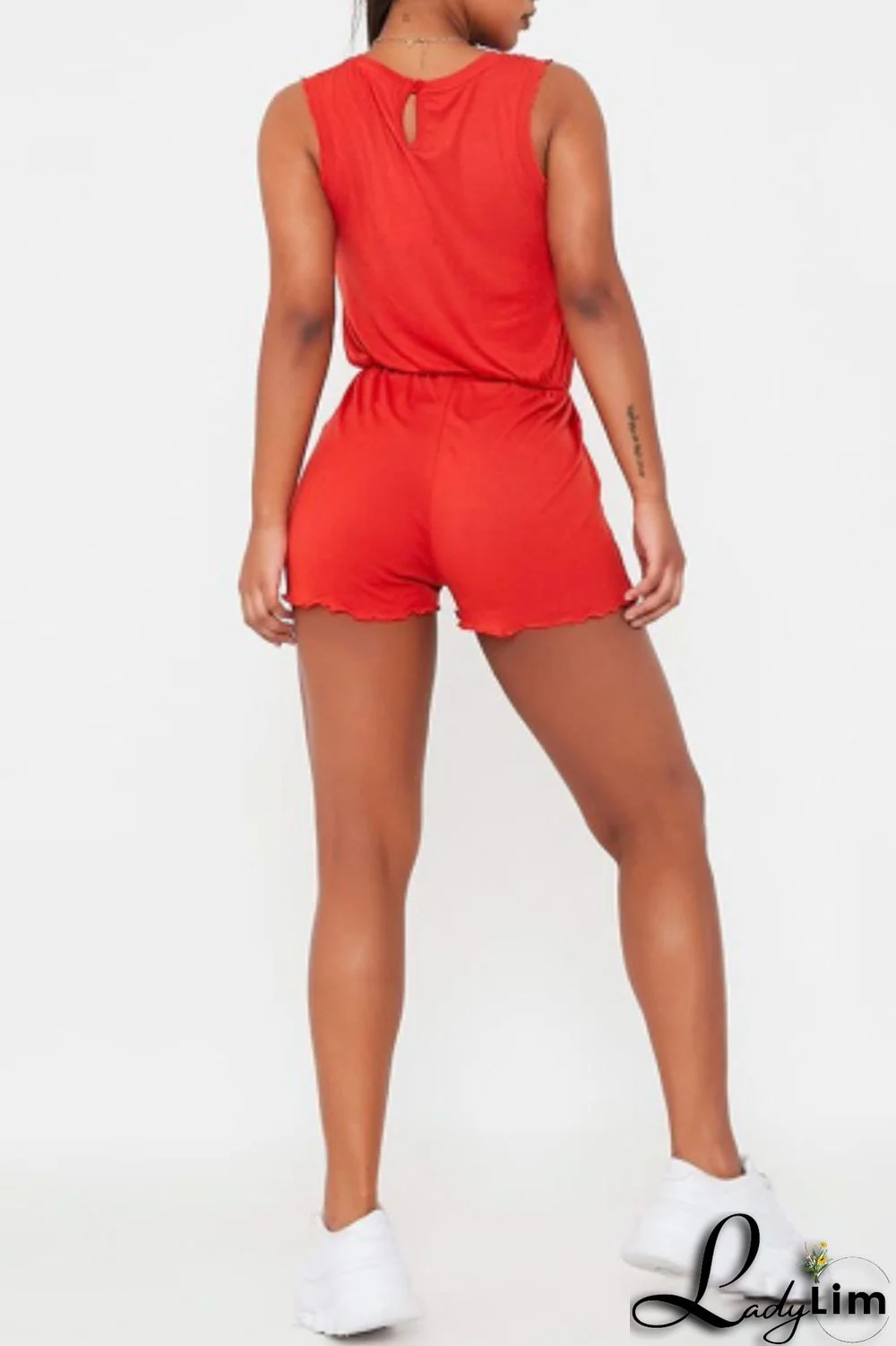 Red Fashion Casual Solid Basic O Neck Regular Romper