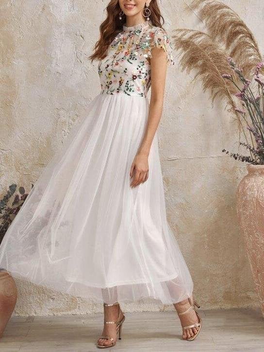 Frilled Neck Floral Embroidered Mesh 2 In 1 Dress