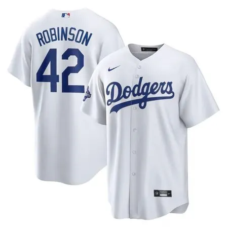 Men's Los Angeles Dodgers #42 Jackie Robinson  White 2025 World Series Champions Home Replica Jersey