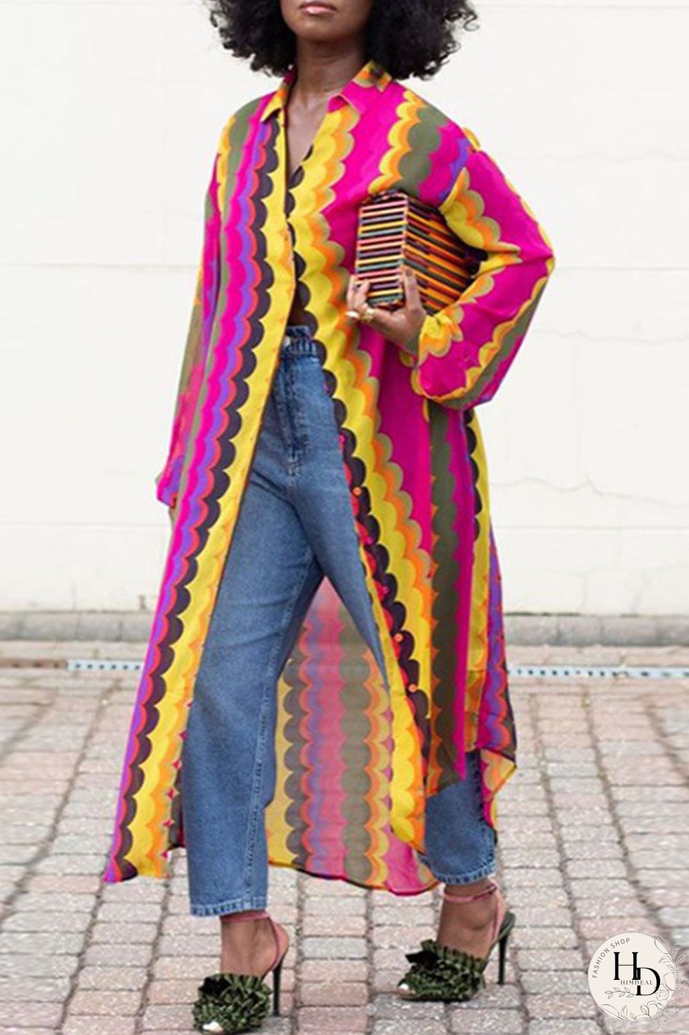 Stripe Casual Striped Print Split Joint Buckle Turndown Collar Outerwear