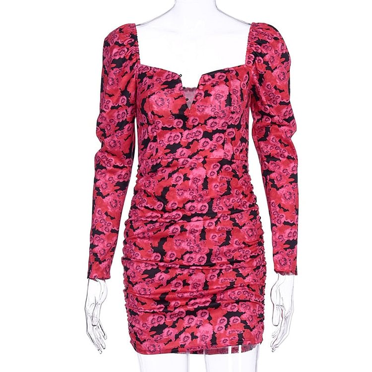 Hugcitar 2019 long sleeve V-neck floral print sexy mini dress autumn winter women Christmas party outfits streetwear