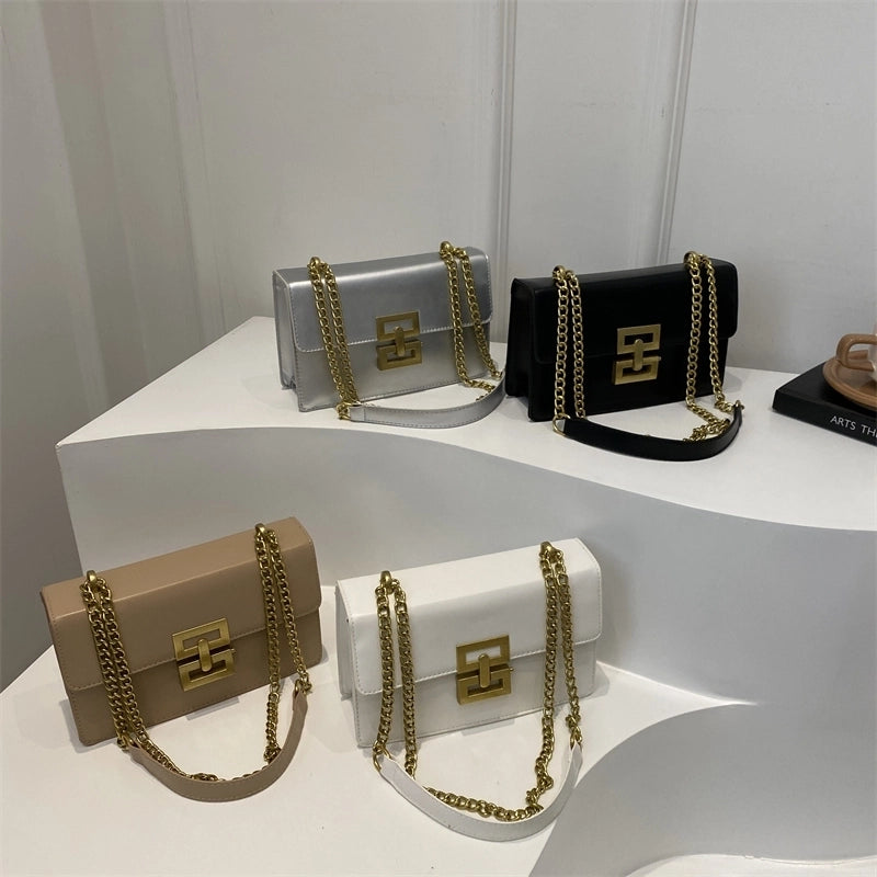 Women's Small Pu Leather Solid Color Elegant Square Lock Clasp Crossbody Bag