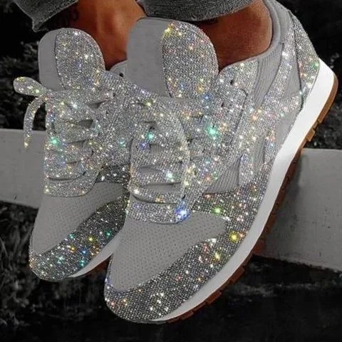 Women Glitter Rhinestone Shiny Crystal Platform Comfy Sneakers - vzzhome