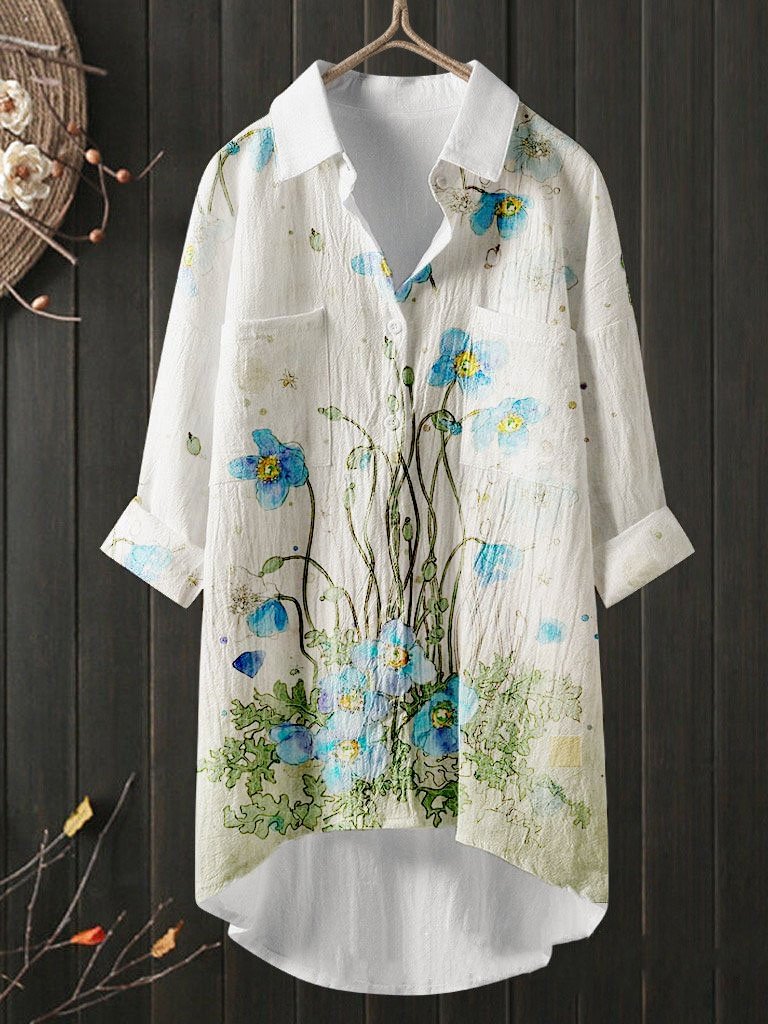 Floral Print Cotton Linen Hemp Shirt Blouse