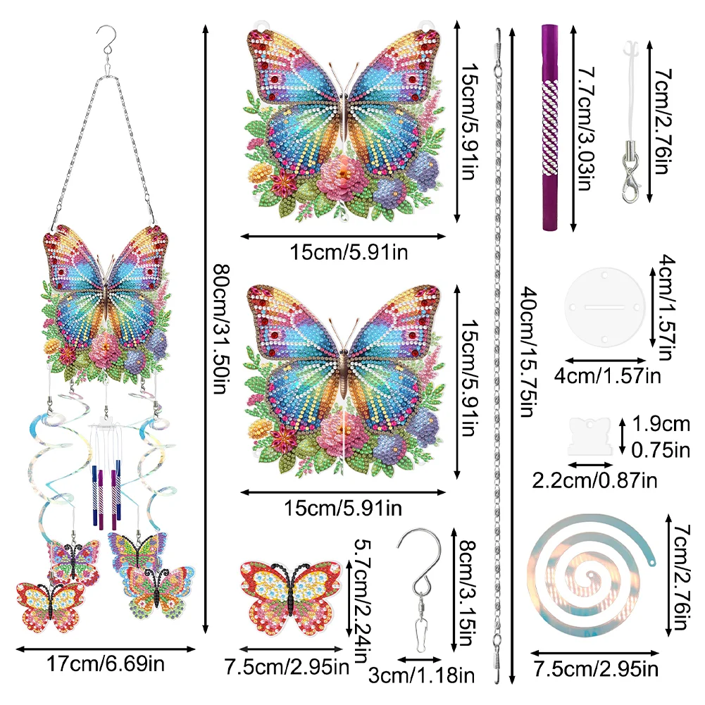DIY Flower Butterfly Double Sided Diamond Painting Wind Chime for Window Decor