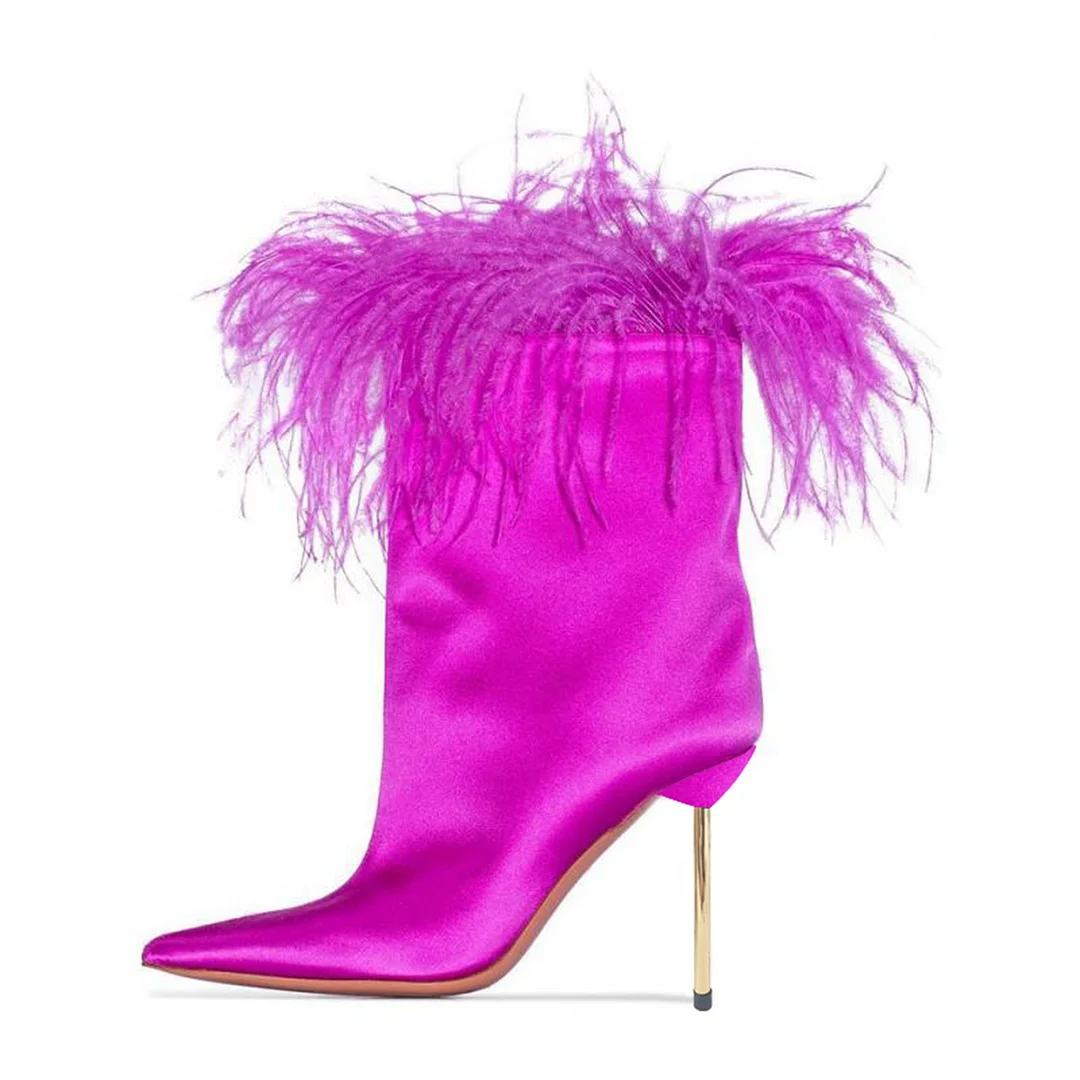 Fuchsia Ankle Boots Feather Decor Stiletto Short Boots Nicepairs