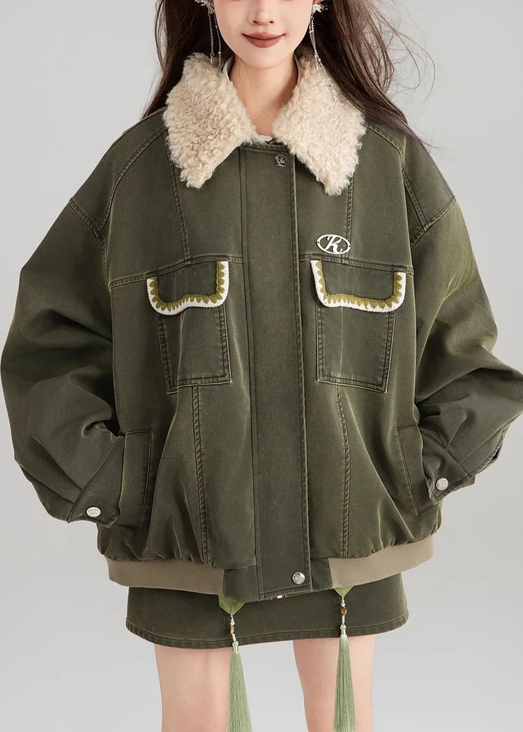 Vintage Green Zippered Pockets Patchwork Parka Spring