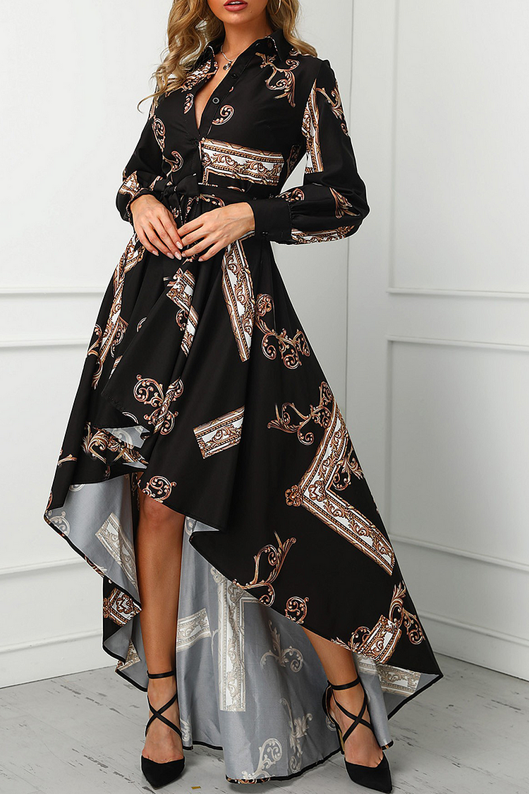 Casual Print Split Joint Turndown Collar Irregular Dress Dresses - Life is Beautiful for You - SheChoic