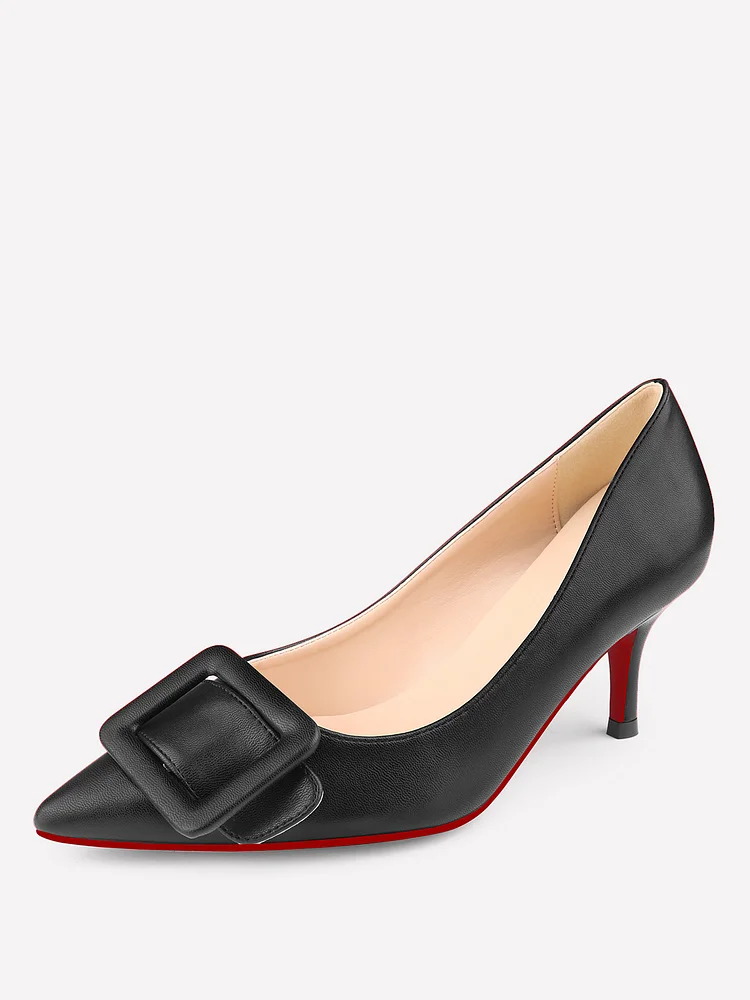 60mm Women's Pointed Toe Daily Square Buckle Matte Pumps Kitten Heels Red Bottoms Pumps 