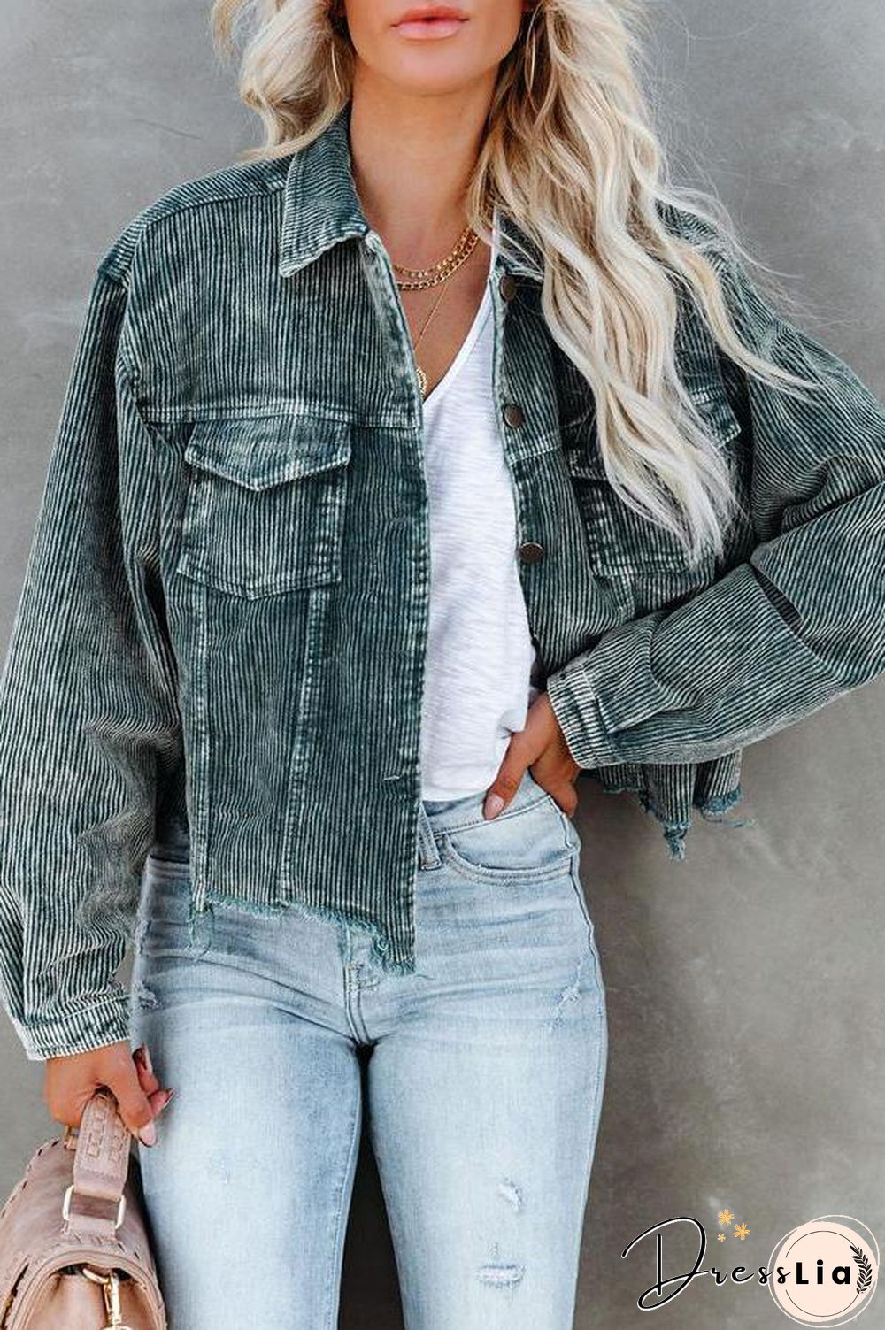 Frayed Hem Cropped Corduroy Jacket