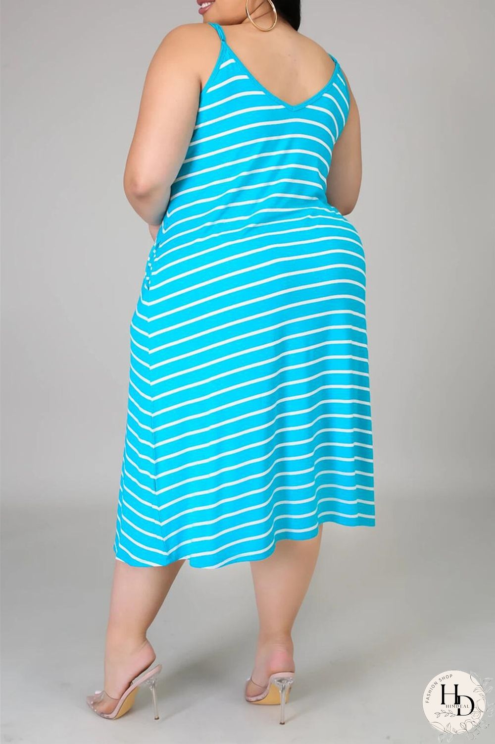 Deep Blue Sexy Casual Plus Size Striped Print Backless Spaghetti Strap Sleeveless Dress