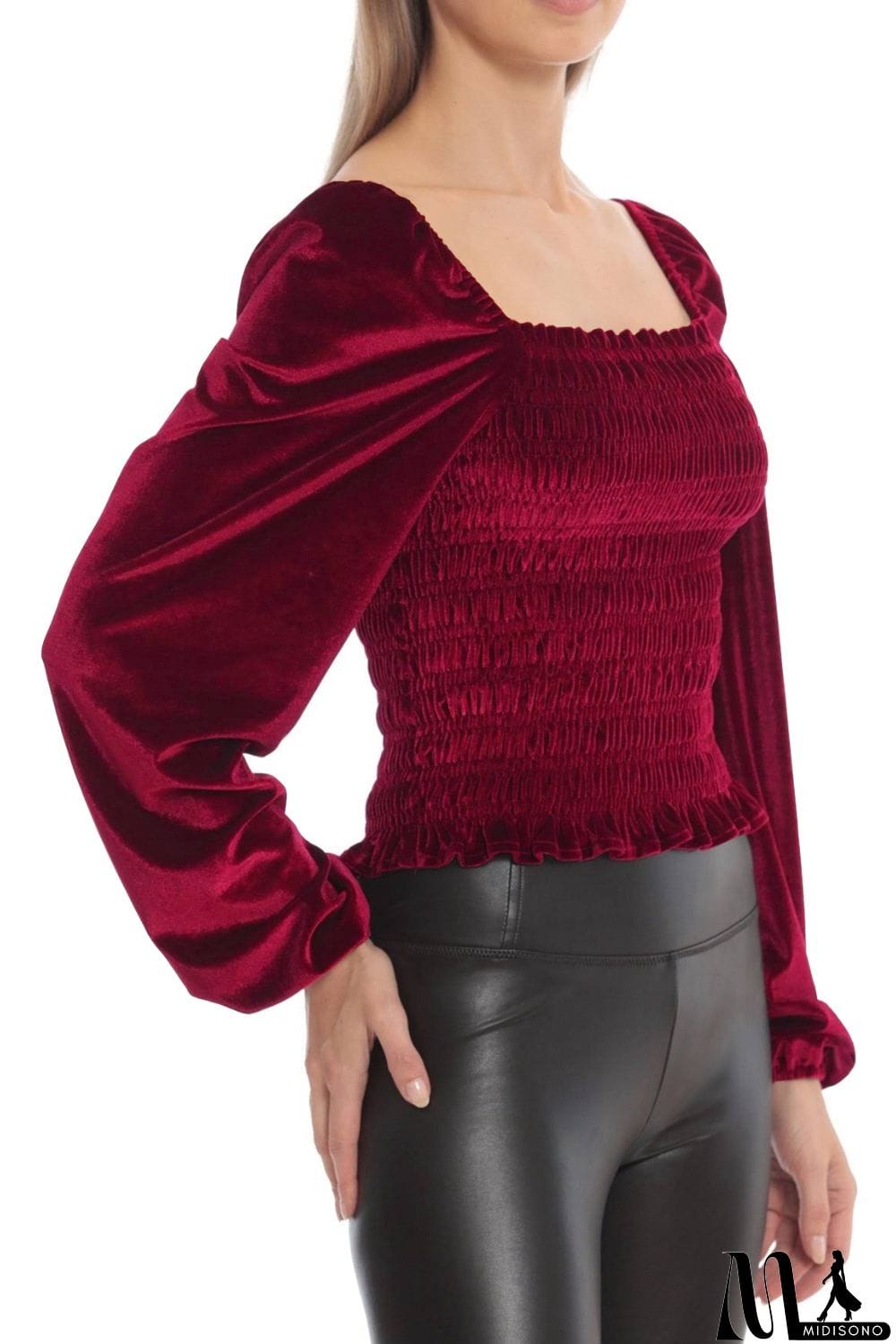 MidiSono - Smocked Square Neck Long Sleeve Blouse