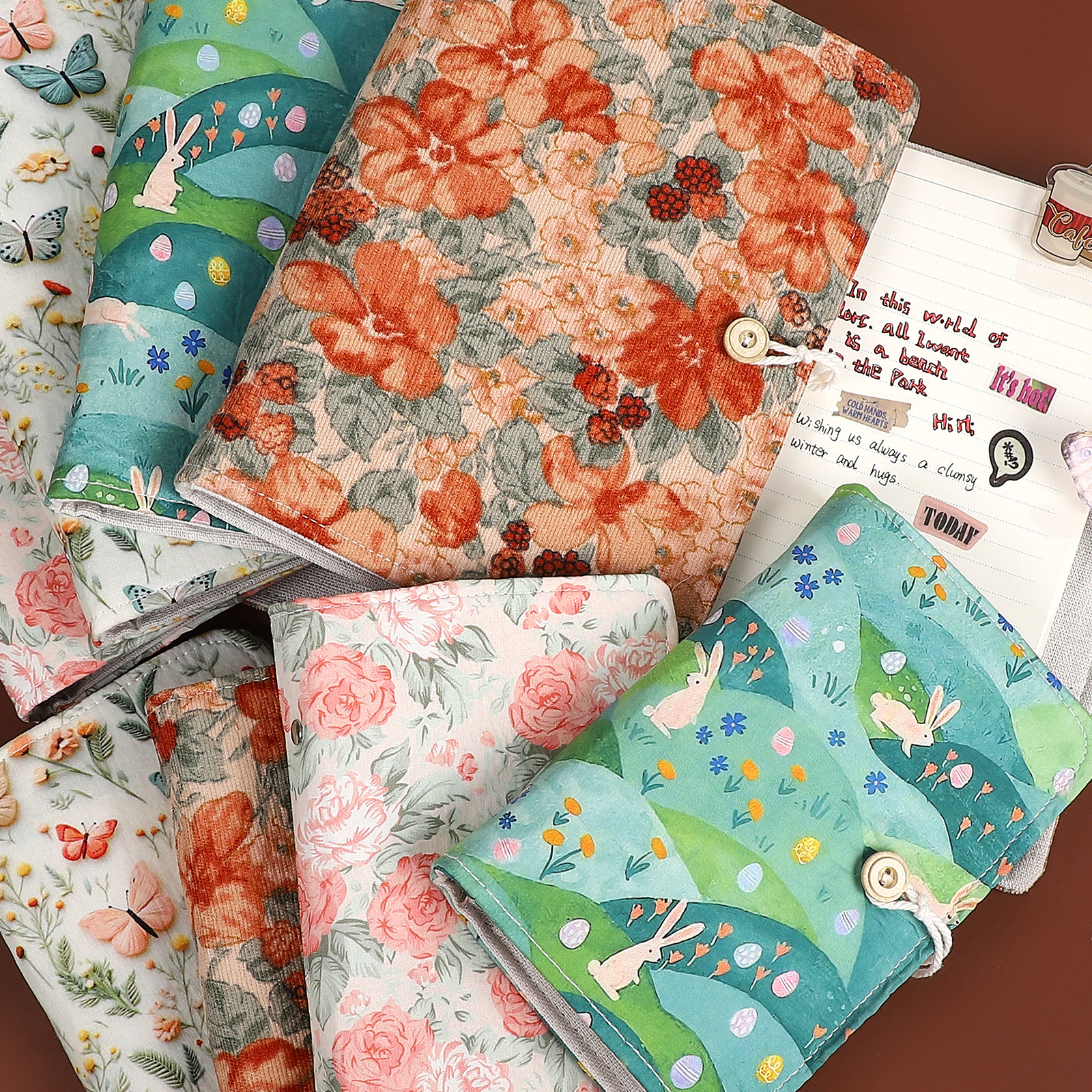루즈리프 노트북 - 빈티지 나비 꽃 토끼 풍경 패브릭 단추