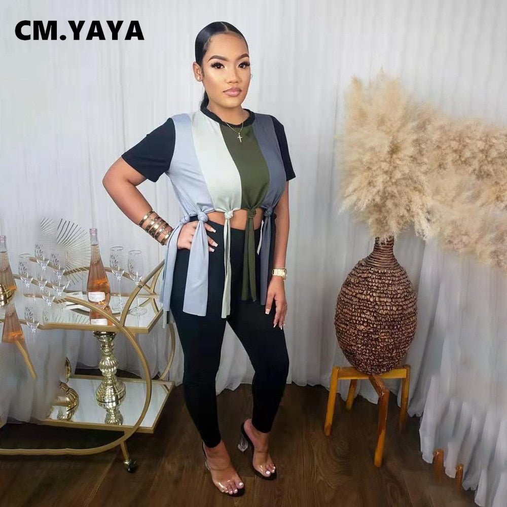 CM.YAYA Streetwear Women Set Rainbow Striped Short Sleeve Tee and Pants Suit Sweatsuit Tracksuit Two Piece Set Fitness Outfit
