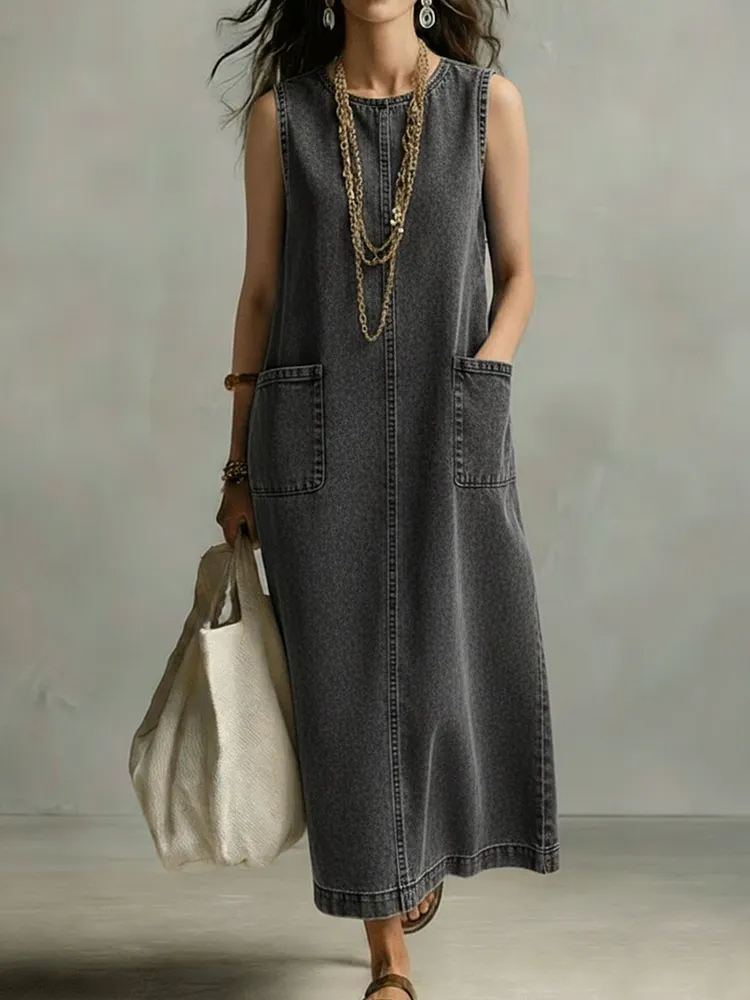 Casual Minimalist Patch Pockets Denim Dress
