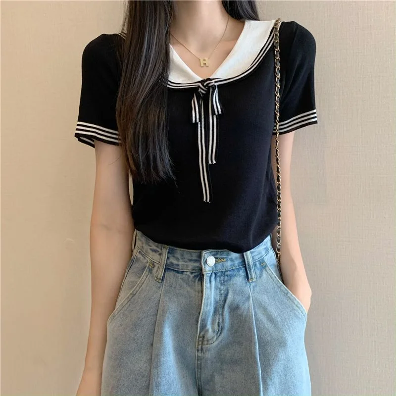 Uveng Uveng Style Doll Collar T-Shirt For Women's Summer New Sweet Spicy Head Short-Shoeed Sexy Ins Short-Sleeved Top