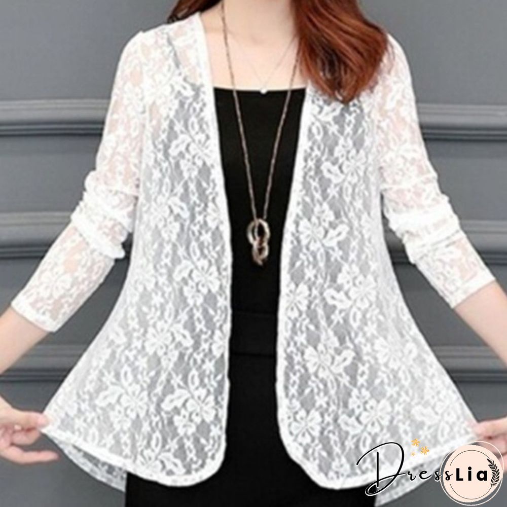 Womens Fashion Lace Cardigans Long Sleeves Solid Color Slim Fit Coat Casual Trench Outwear
