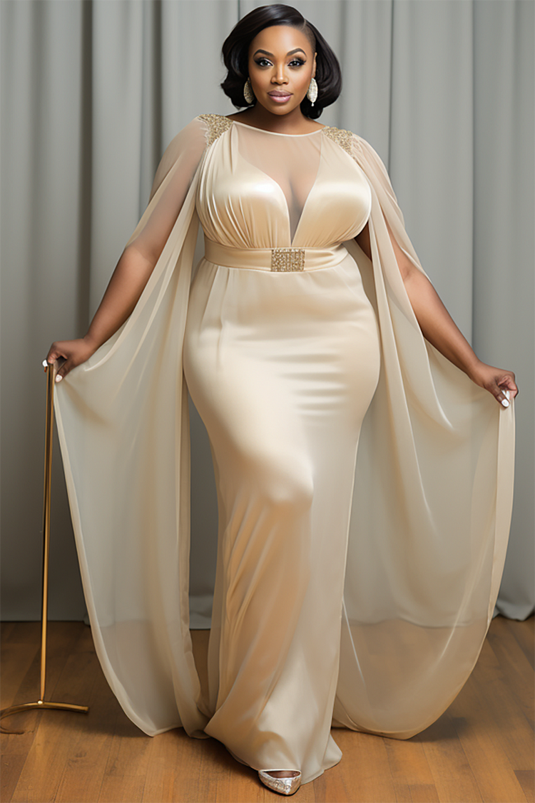 Xpluswear Design Plus Size Mother Of The Bride Champagne Round Neck Cape Sleeve Long Sleeve Split See Through Satin Maxi Dresses [Pre-Order]
