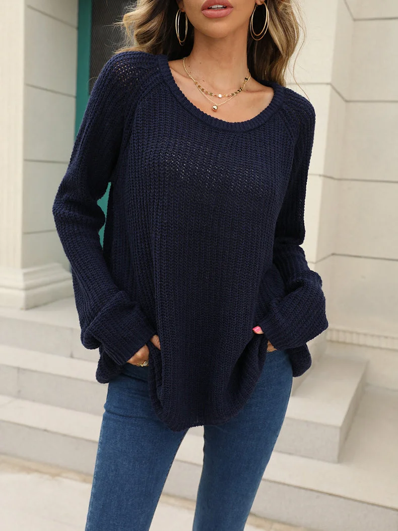 Solid Color Scoop Neck Sweater For Women Elegant Long Sleeve Top