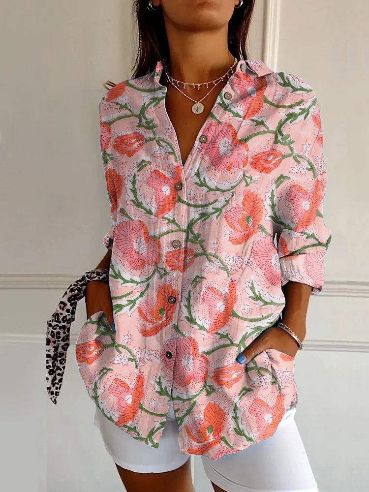 Vintage Pink Poppy Floral Print Shirt