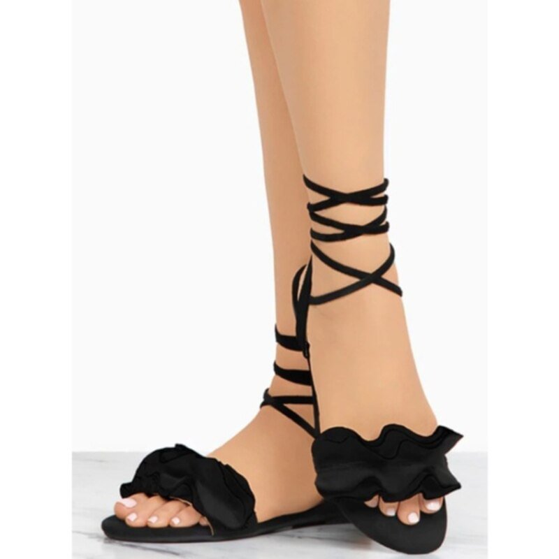 Women Solid Color Ruffles Round Toe Flat Heel Cross Tied Sandals Rome Shoes Sandals Summer Casual Shoes