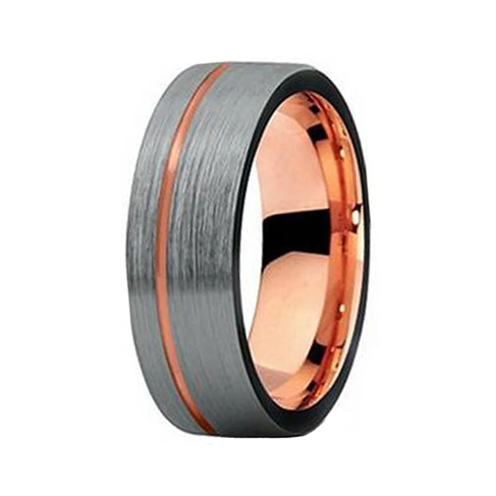 6MM 8MM Thin Rose Gold Grooved Gray Brushed Surface Finish Mens Wedding Band