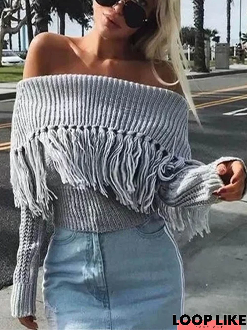 Fashion Tasseled Off-The-Shoulder Long Sleeve Sweater Tops