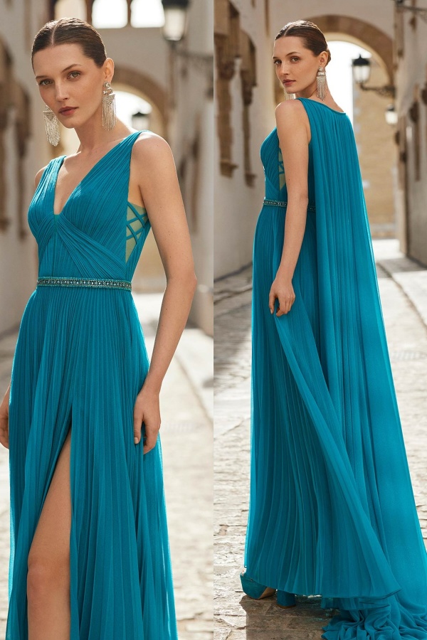 Elegant Chiffon Jade V-Neck Long Split Prom Dress | ZT0275