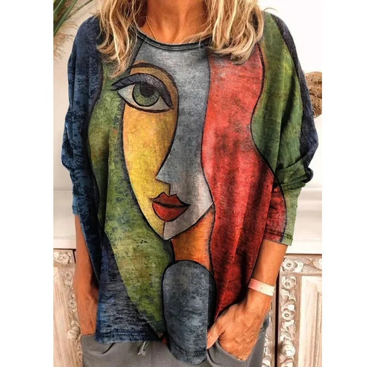 Zingj Size Women's Printing Print Long Sleeve Loose T-shirt