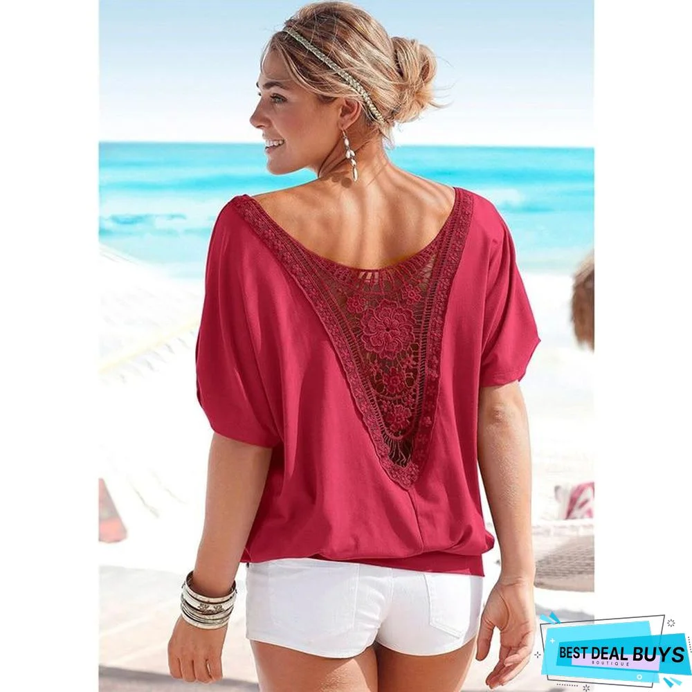 Plus Size Fashion Women Casual 0-Neck Top Tee Vintage Female Clothing Lace T-Shirt