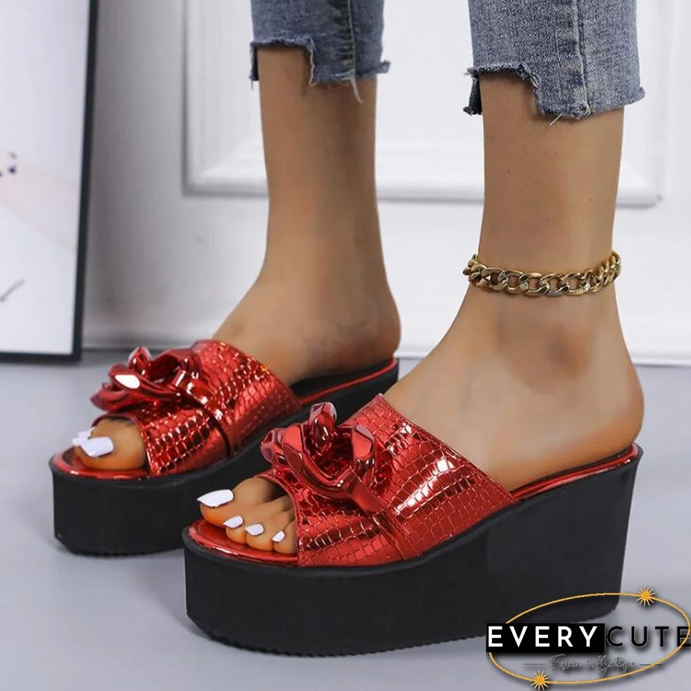 Back  To School Outfit   Large Size For Women'S Outer Wear New Wedge Heel Square Toe Metal Chain-Shaped Fish Mouth Sandals Women'S Shoes Slippers