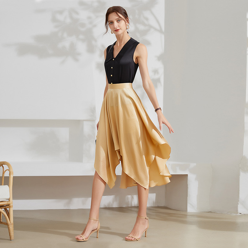 A-line Irregular Hem Gold Silk Skirt Front View