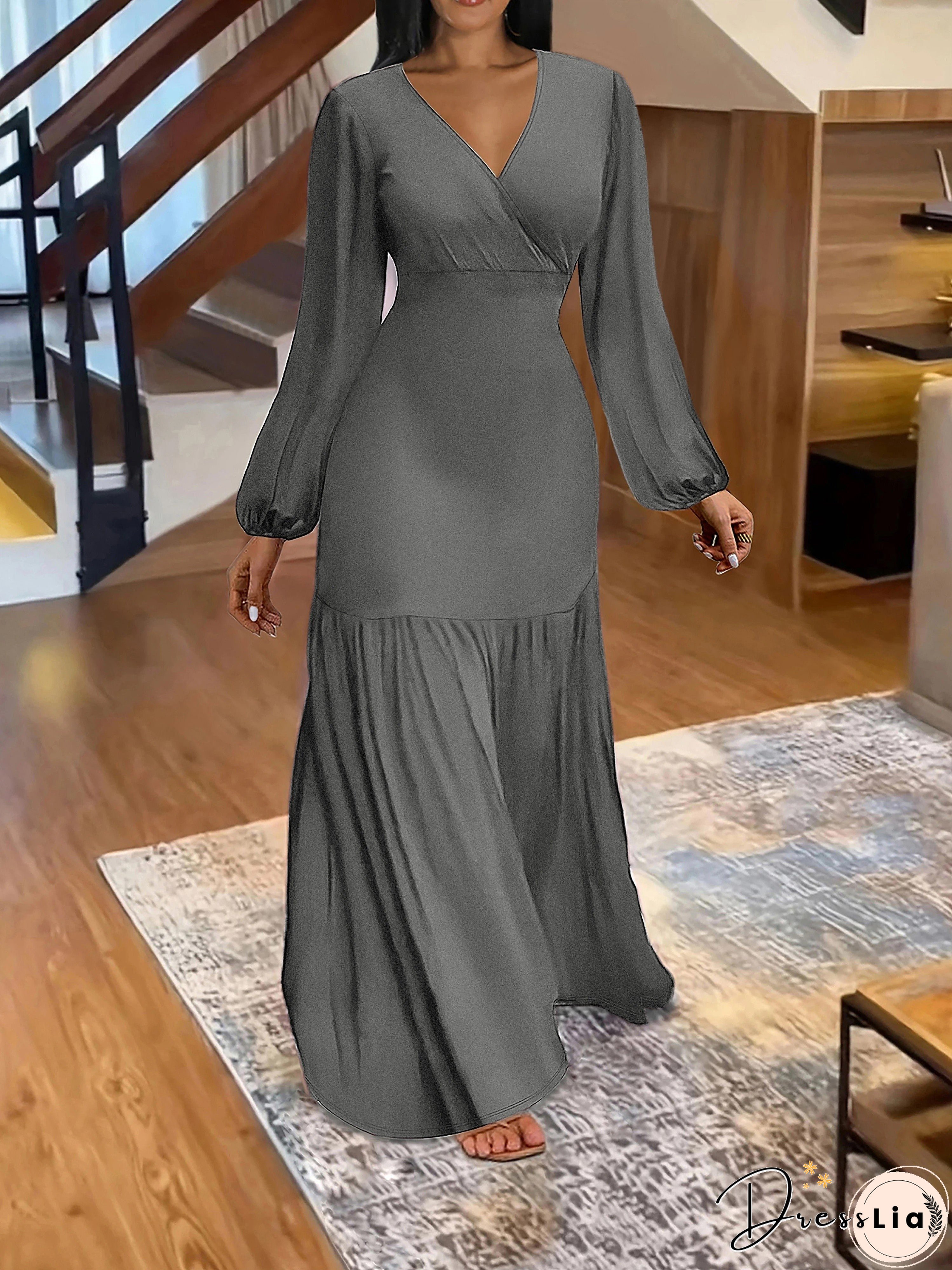 Ruched Solid Dress, Elegant V Neck Lantern Long Sleeve Maxi Party Dress, Women's Clothing