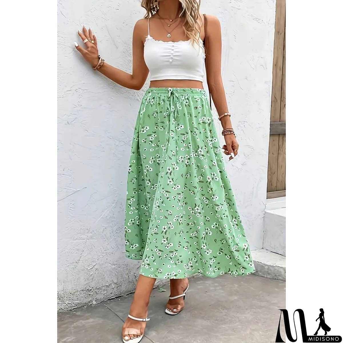 MidiSono - Plus Floral Print Drawstring Waist Fit Skirt