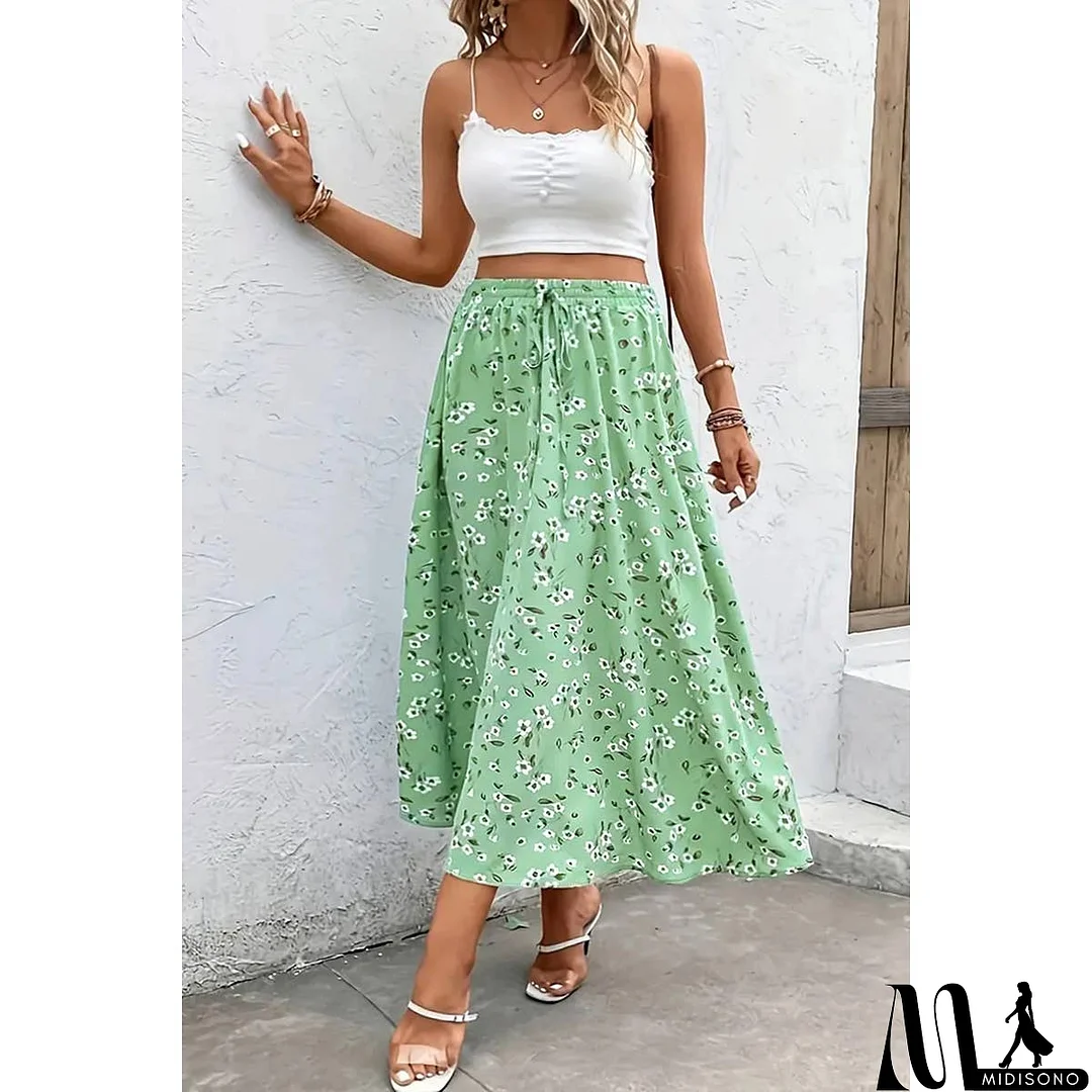 MidiSono - Plus Floral Print Drawstring Waist Fit Skirt