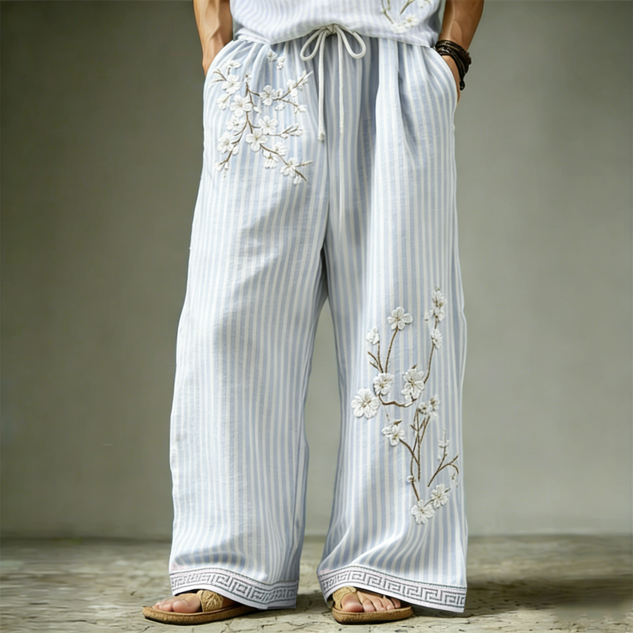 Comstylish Retro Apricot Blossom With Stripe Art Linen Pants