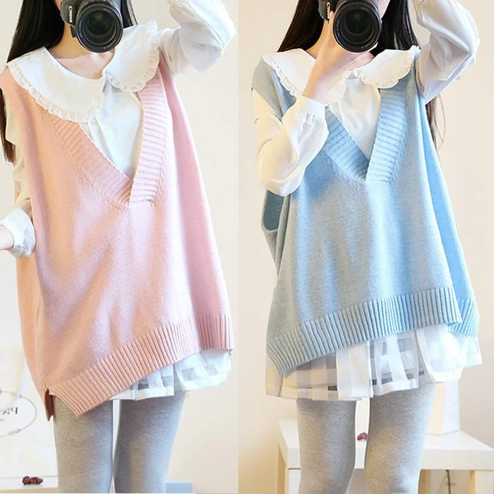 Beige/Pink/Blue Pastel Vest Sweater and Blouse Twinset SP166254